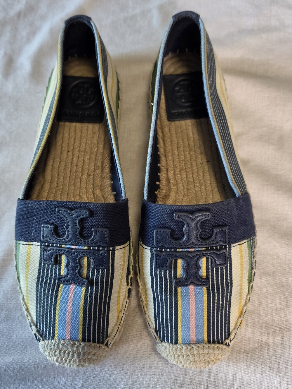 Tory Burch Weston Striped Flat Espadrille Natural Canvas Blue/Multi Logo Size 6